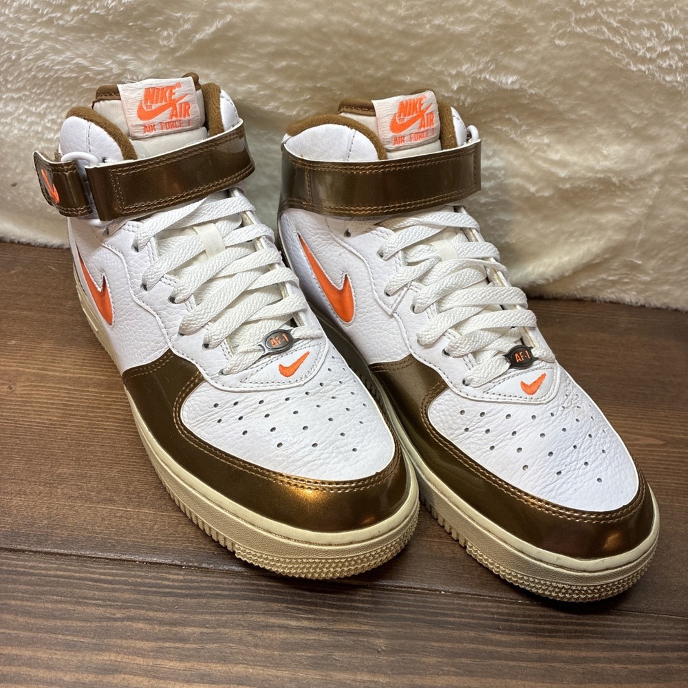 Nike Air Force 1 Mid Top Gold Mens Size 8 Orange White Sneaker GUC
